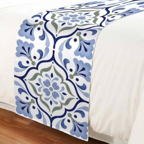 Queen Bed Runner Satin Majolica Print Blue Green Decorative 83x20 with Variation Blue & Slate Blue