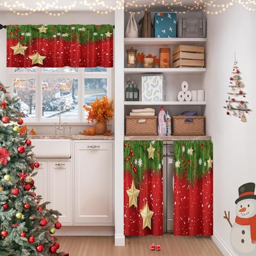 Christmas Kitchen Curtains Set Pine Red 52x36 Inch Window Decor with Valance & Tiers