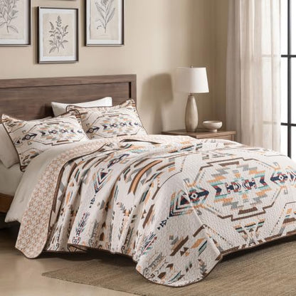 100% Cotton Queen Quilt Set with Southwestern Aztec Design - Breathable & Cozy Bedding