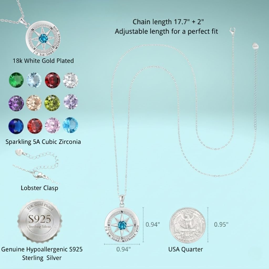 Skiennix Compass Necklace - S925 Sterling Silver Jewelry for Women | Rose Gold Gift for Any Occasion