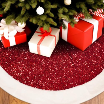 Christmas Tree Skirt 48 Inch Red Sequin with White Faux Fur - Holiday Decor