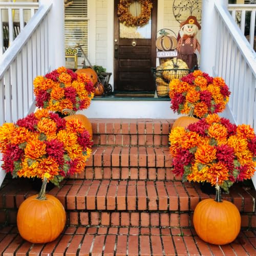 Fall Artificial Mums Flowers - 2 Bundles, 14 Heads, Orange Red