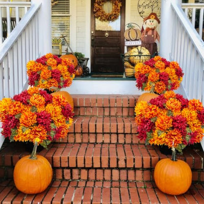 Fall Artificial Mums Flowers - 2 Bundles, 14 Heads, Orange Red