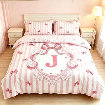 Pink Letter J Duvet Cover Set Twin Size Kids Bedding with Bow Design - Pink J Variation