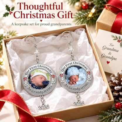 Medium Set of 2 Christmas Photo Ornaments - Our First Grandparents 2026 with Red Bow & Lamb Accents