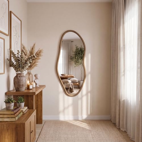 Wavy Wood Frame Wall Mirror - 48x22 Inch Rustic Farmhouse Full Length Mirror - Irregular Design