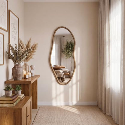 Wavy Wood Frame Wall Mirror - 48x22 Inch Rustic Farmhouse Full Length Mirror - Irregular Design