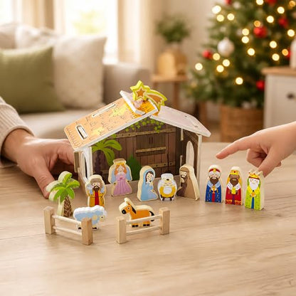 Nativity Scene Christmas Wooden Set with Barn - 12 Piece Holiday Decor