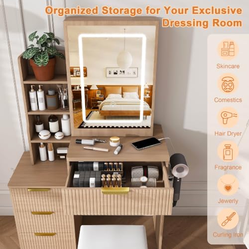 Dressing Table Set with Mirror & Lights, Vanity Desk with 4 Drawers, Hidden Storage, Charging Station - Natural Oak