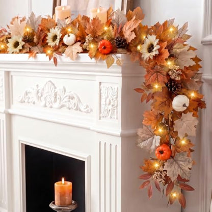 Lighted Fall Garland with Sunflowers Pumpkins and Warm Lights - 6 Feet