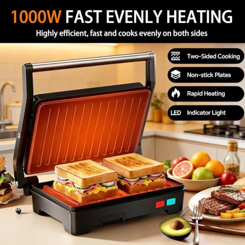 Black 3-in-1 Electric Panini Press Grill with Non-Stick Plates & Drip Tray
