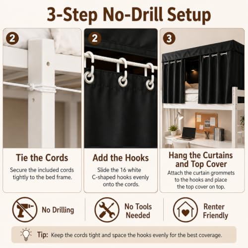 Blackout Bunk Bed Curtains for Dorms and Top Bunk Beds - Privacy & Light Blocker