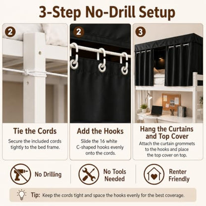Blackout Bunk Bed Curtains for Dorms and Top Bunk Beds - Privacy & Light Blocker