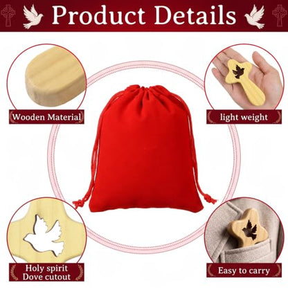 Holy Spirit Dove Pocket Cross Set with Red Velvet Pouches - Christian Prayer Accessory