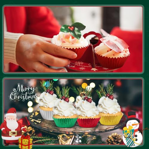 Christmas Cupcake Liners 200 Pack - Red Green Gold Silver Foil Baking Cups for Holiday Baking