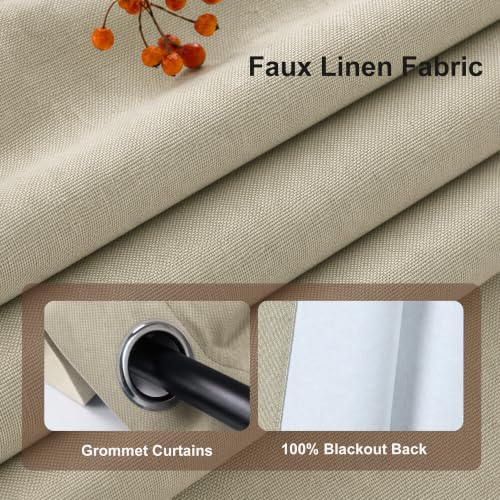 No Drill Room Divider Tension Curtain Rod & 100% Blackout Linen Curtain Set - Natural, 100W x 96L