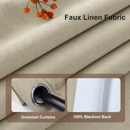 No Drill Room Divider Tension Curtain Rod & 100% Blackout Linen Curtain Set - Natural, 100W x 96L