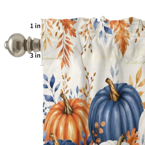 Navy Blue Pumpkin Fall Kitchen Curtain Set - Small Half Curtains with Valance, 24 Inch Length - Pack of 3