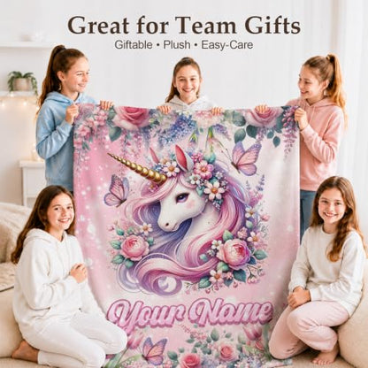 Pink Personalized Unicorn Blanket for Girls - Custom Floral & Butterfly Gift