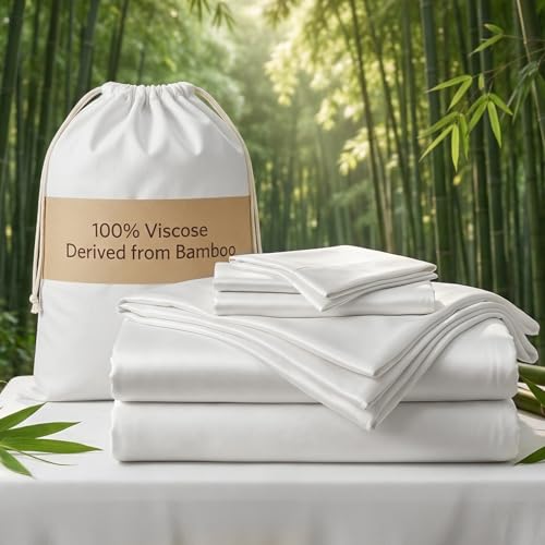 Queen Size Organic Viscose Bamboo Sheets Set - Cooling Silky Soft Bed Linen with 18" Deep Pockets & Corner Straps - White