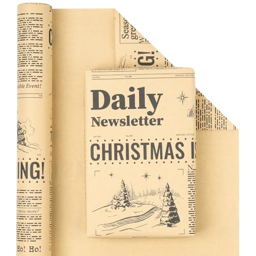 Christmas Newspaper Wrapping Paper Roll - Kraft Gift Wrap with Festive Headlines, 30 in x 32.8 ft, Vintage Holiday Design