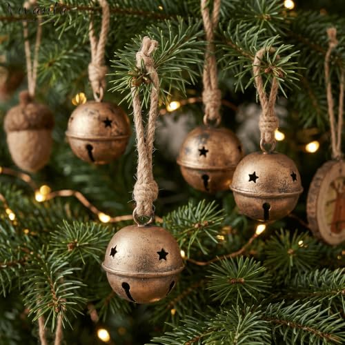 Gold Sleigh Bells for Christmas Decorations - 5 Pcs Brass Finish Rustic Ornaments with Jute Rope