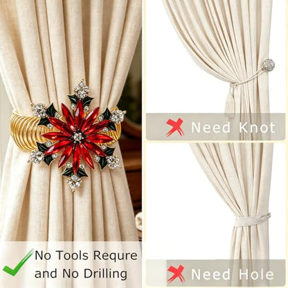 2-Pack Christmas Poinsettia Curtain Tiebacks - Festive Window Decor