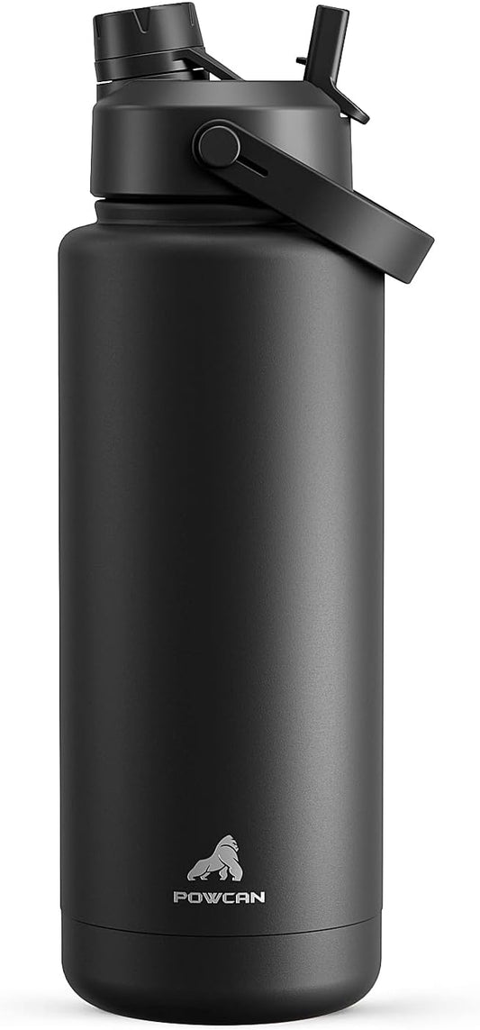 POWCAN 40 oz Insulated Water Bottle - 2-in-1 Straw & Spout Lid, Leak-Proof, BPA-Free, Dark Knight