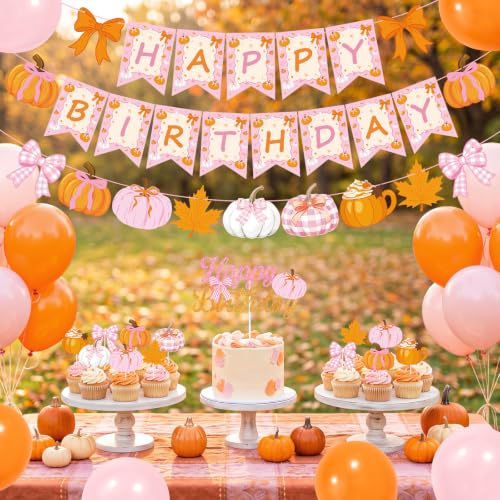 Fall Birthday Party Decorations Set Pink Pumpkin Maple Leaves Thanksgiving Indoor Home