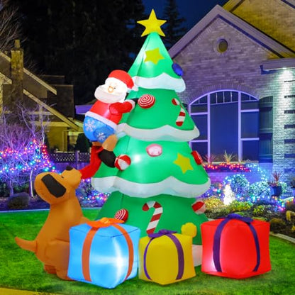 7 FT Inflatable Christmas Tree with LED Lights, Outdoor Yard Decor, Claus & Gift Boxes