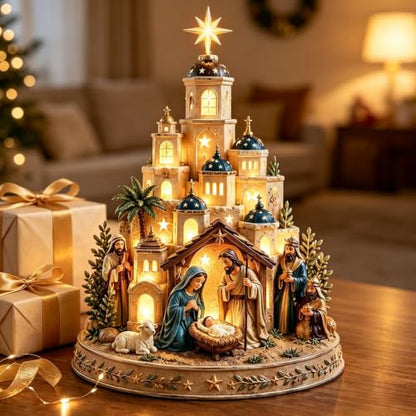 Blue Bethlehem Nativity Church Light Tower with Figurines - Christmas Scene Religious Decor