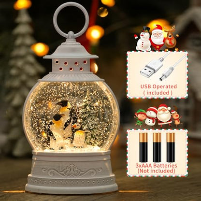 Penguin Snow Globe Lantern Christmas Decor with Music & Timer - Swirling Glitter Lighted Holiday Gift