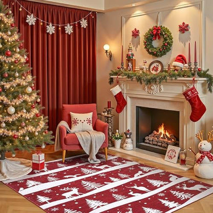 Red 5x7 Christmas Area Rug with Reindeer Snowflake Design - Washable Non-Slip Low Pile Home Decor