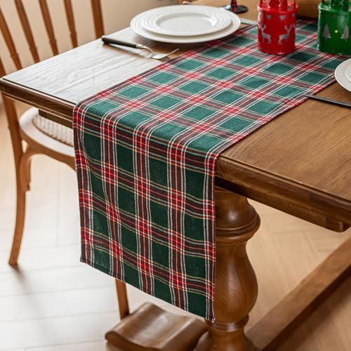 Joyfol Day Green Tartan Christmas Table Runner 13x72 Inch - Stain Resistant & Washable Holiday Decor