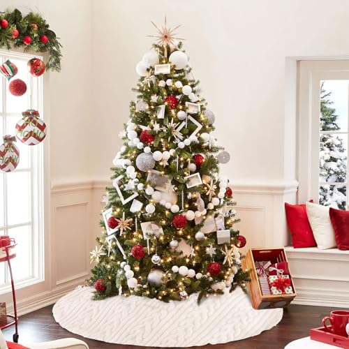 58 Inch Faux Fur Christmas Tree Skirt Round Beige Plush Holiday Decor