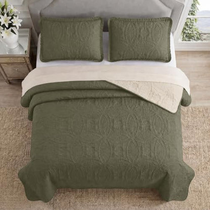 Olive Green Queen Quilt Set Lightweight Bedspread with Pillow Shams