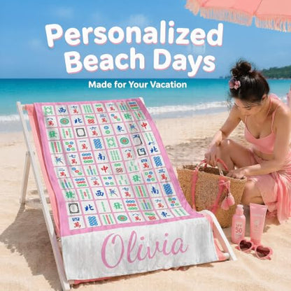 Personalized Mahjong Beach Towel with Name - Pink Tile Pattern, Microfiber, Custom Design - Design 31