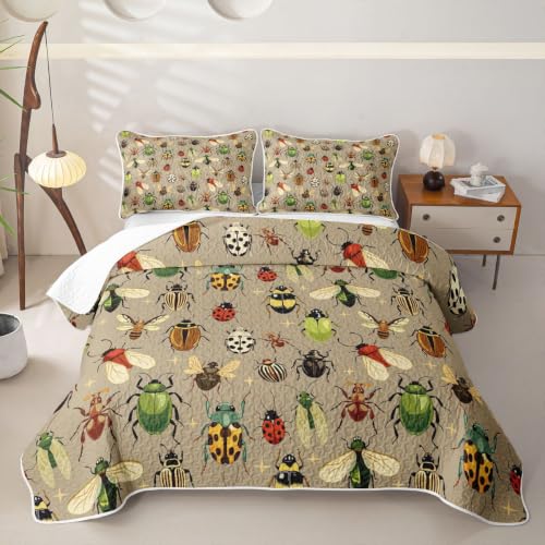 Castle Fairy Reptile Quilt Set Queen Size with Ladybug Pattern - Green Beige