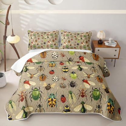 Castle Fairy Reptile Quilt Set Queen Size with Ladybug Pattern - Green Beige