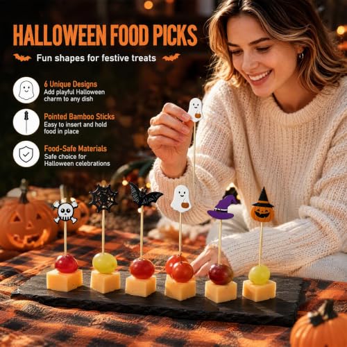 100PCS Halloween Skull Pumpkin Ghost Bat Food Skewers - Bamboo Cocktail Picks