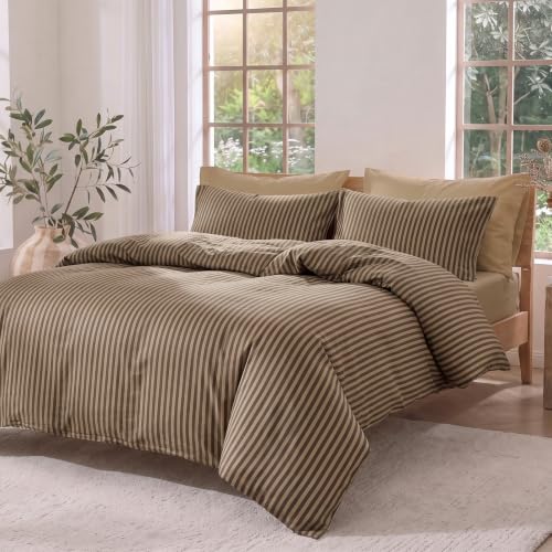 Fine Stripe Brown Duvet Cover Set - King Size 100% Cotton Sateen, 3 Pieces