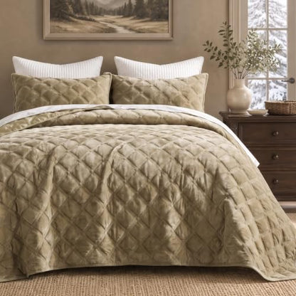 Wongs Beddings Diamond Lattice Velvet Quilt Set Queen Size Urban Taupe