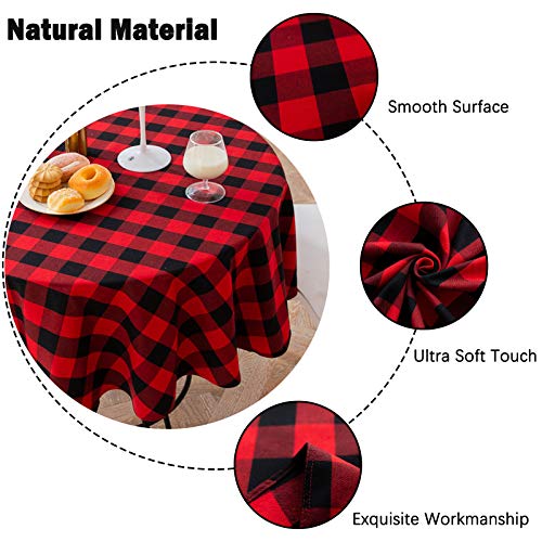 Red & Black Buffalo Check Christmas Round Tablecloth 60 Inch Cotton Linen