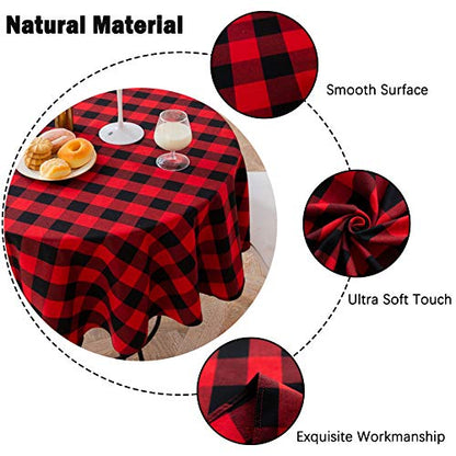 Red & Black Buffalo Check Christmas Round Tablecloth 60 Inch Cotton Linen