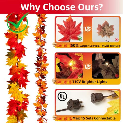 9FT Fall Garland with Lights - Large Maple Leaves & Orange Bulbs for Indoor Outdoor Decor