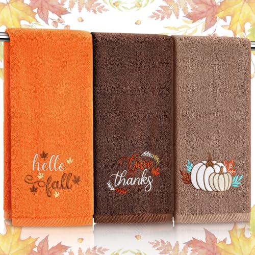 Fall Hand Towels for Bathroom - 3 Pack 13.4x29.5 Inches, Embroidered Autumn Decor