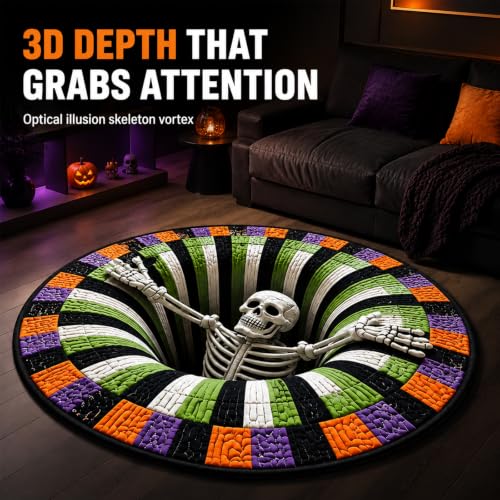 3D Halloween Rug - 39 Inch Optical Illusion Vortex Floor Mat with Ghosts and Pumpkins