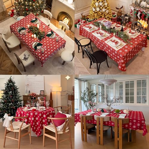 Red Snowflake Tablecloth 60x108 Inches - Holiday Spillproof Cotton Linen Cover for Christmas & Winter Parties - Variation: Red Dne / 108"x 60"