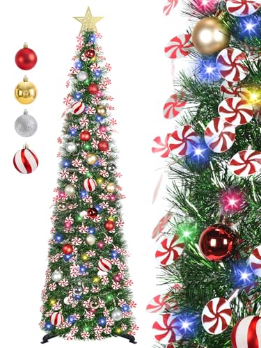 Pop Up Christmas Tree 5ft with Timer Lights Decorations - Green & Candy