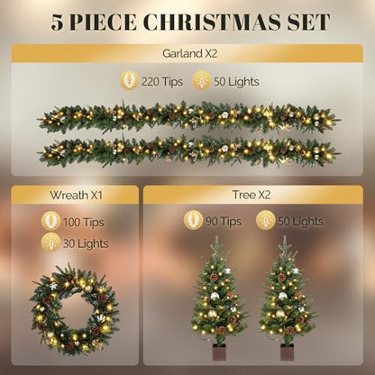 Gold Pre-lit 5-Piece Christmas Tree Set with LED Lights, Wreath & Garlands